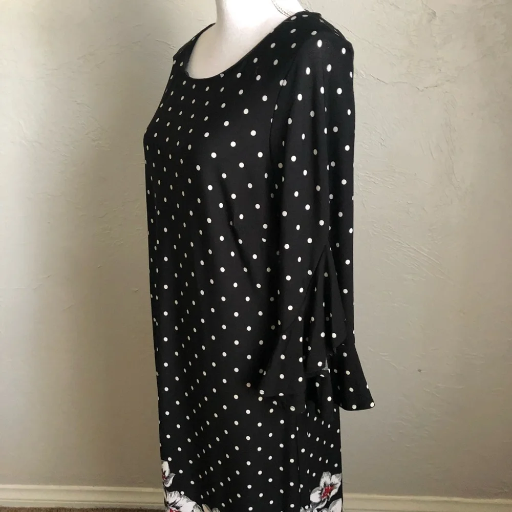 Sandra Darren Polka Dot Shift Dress with Floral Bottom 14 Black White Red - Picture 7 of 15